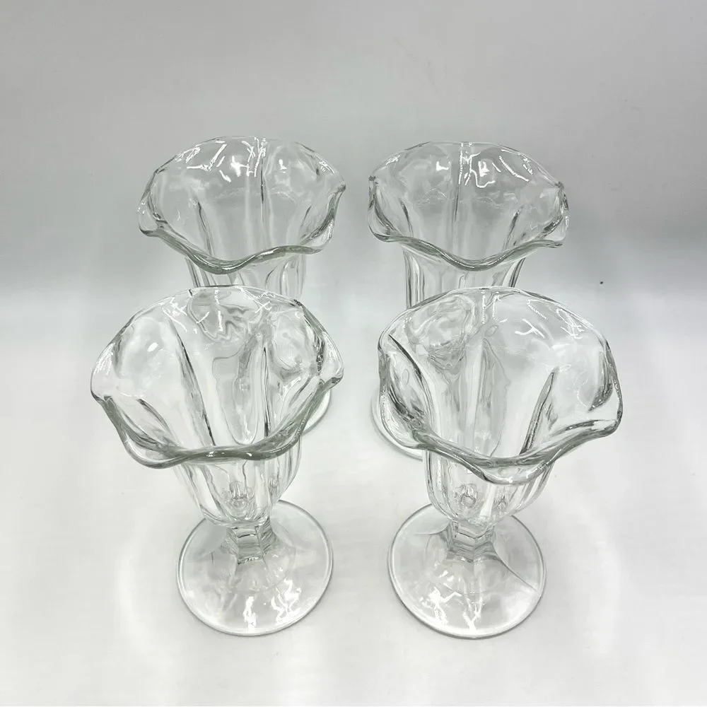 Four Vintage Clear‎ Pressed Glass Tall Footed Sundae Parfait Glasses Set of 4
